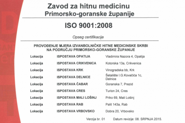 Zavod za hitnu medicinu Primorsko-goranske županije prvi uveo sustav za upravljanje kvalitetom